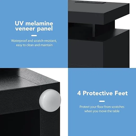 HOMMPA LED Nightstand with Wireless Charging Station 2 Outlets USB Port Type C Black Bedside Table with 3 Drawers Modern Smart LED Nightstand Tall 26.8in High Gloss Night Table with Light for Bedroom