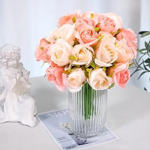 CEWOR 24 Heads Artificial Rose Flowers Bouquet Silk Flower Roses with Stems Home Bridal Wedding Party Festival Decor (2 Packs Champagne and Pink)