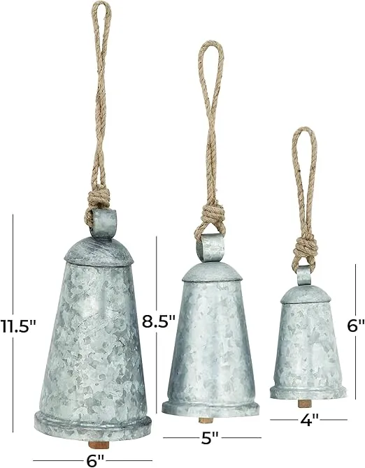 Deco 79 Rustic Metal Cowbell Decorative Bells, 12", 15", 20"H, Silver