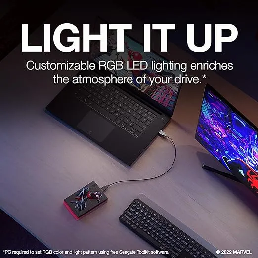 Seagate Miles Morales Special Edition FireCuda External Hard Drive 2TB - USB 3.2 Gen 1, customizable LED RGB lighting Red, with Rescue Services (STKL2000419)