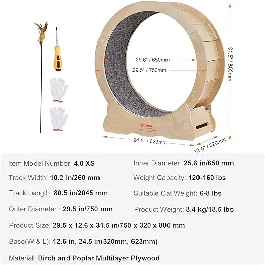 VEVOR Cat Wheel Exerciser, 29.5 inch Cat Treadmill for Indoor Cats, Cat Running Excercise Wheel with Detachable Carpet and Cat Teaser for Running/Walking/Training, Suitable for Most Cats