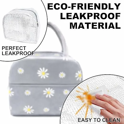 Sonuimy Insulated Lunch Bag Women Girls, Reusable Cute Tote Lunch Box for Adult & Men, Leakproof Cooler Lunch Bags for Work Office Travel School Picnic (Grey with White Daisy)