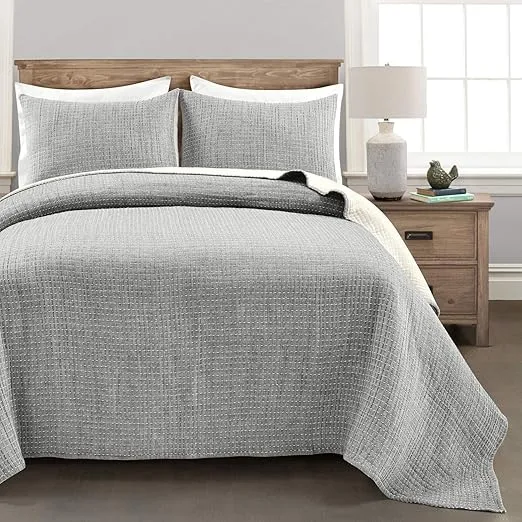 Lush Decor Solid Kantha Pick Stitch Yarn Dyed Cotton Woven 3 Piece Quilt/Coverlet Set, King, Neutral & Off-White