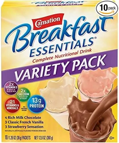 Nestle Carnation Breakfast Essentials Complete Nutritional Drink Rich Milk Chocolate / Classic French Vanilla / Strawberry Sensation Flavor 10 Ct