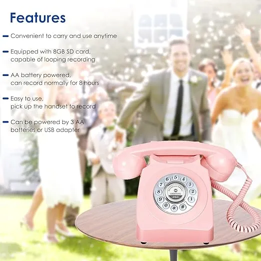 Audio Guestbook Wedding Phone,Record Guest Voice Messages with Guest Book,Retro Phone Audio GuestBook for Wedding Birthday Party Confession (Pink)
