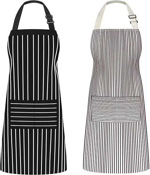 Syntus Aprons for Women with Pockets, 2 Pack Kitchen Apron for Cooking Adjustable Bib Chef Aprons for Men Women, L-Black/Brown Stripes