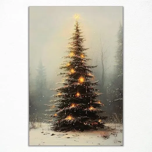 Enlaizhude Vintage Christmas Tree Canvas Wall Art, Light Up Christmas Tree Painting Poster, Winter Snowy Poster, Muted Neutral Moody Rustic Winter Picture Prints for Wall Decor 12x16in Unframed