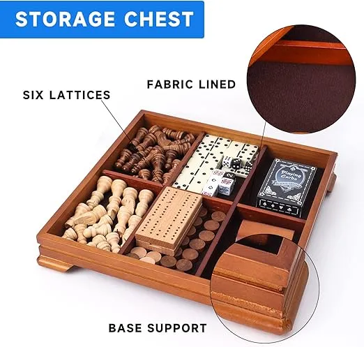 Wooden 7-in-1 Chess, Checkers, Backgammon, Dominoes, Cribbage Board, Playing Card & Poker Dice Game Combo Set (Deluxe)