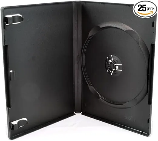 25 Pack Maxtek Standard 14mm Black Signle Disc DVD Cases with Outter Clear Sleeve