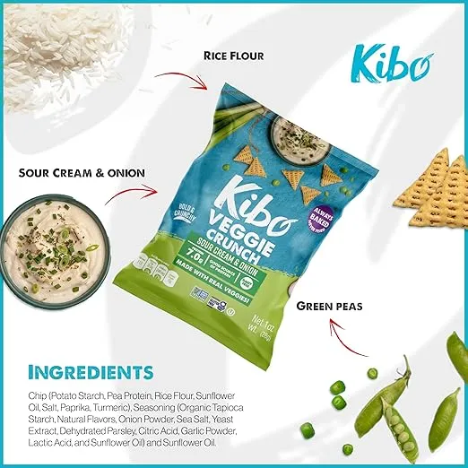 Kibo Veggie Chips Sour Cream & Onion - Plant-Based Protein, Gluten-Free, Non-GMO, Vegan-Friendly - Fun Crunchy Bite-Sized 3D Triangles - Light, Crunchy Texture - Made with REAL Veggies - 12 Pack