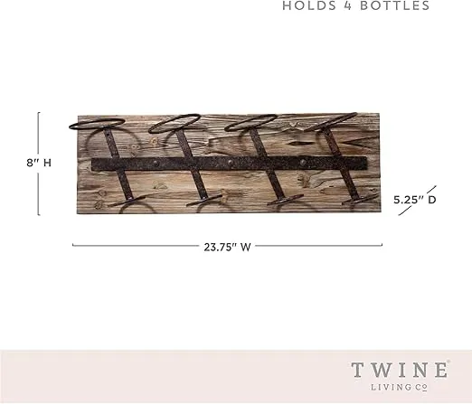 Twine Rustic Country Wine Rack Wall Mounted Fits 4 Standard Bottles, Metal and Wood Storage Racks for Wines, Farmhouse Decor, 8" x 23.75", Set of 1