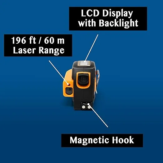 Laser Tape Measure 2-in-1, Laser Measure 196 Ft, Tape Measure 16 Ft Metric and US units with LCD Digital Display, Movable Magnetic Hook, Unit Conversion, Sturdy Build, Consistent and Accurate