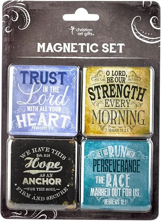 Christian Art Gifts Inspirational Refrigerator Scripture Magnet Set with Bible Verse: Finishing Strong - Inspirational Vintage-Themed Fridge Magnet, Home & Kitchen Decorations, Set of 4, Size 2" x 2"