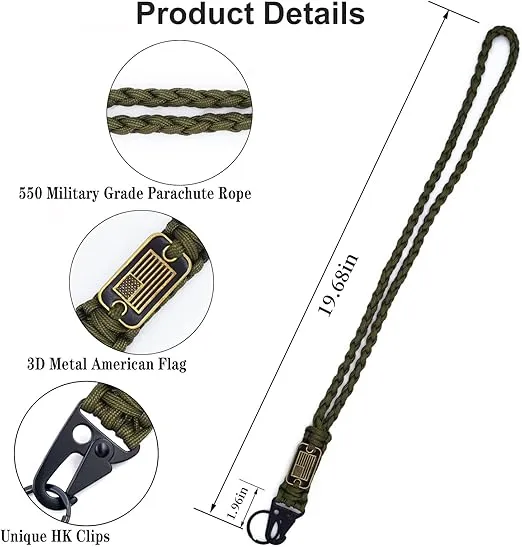2 Pcs Heavy Duty Braided Paracord Lanyard Keychain with USA Flag, Parachute Rope Necklace Keychains, Braided Strong Lanyard for Outdoor Activities, Camera, Keys, Whistle, Traveling
