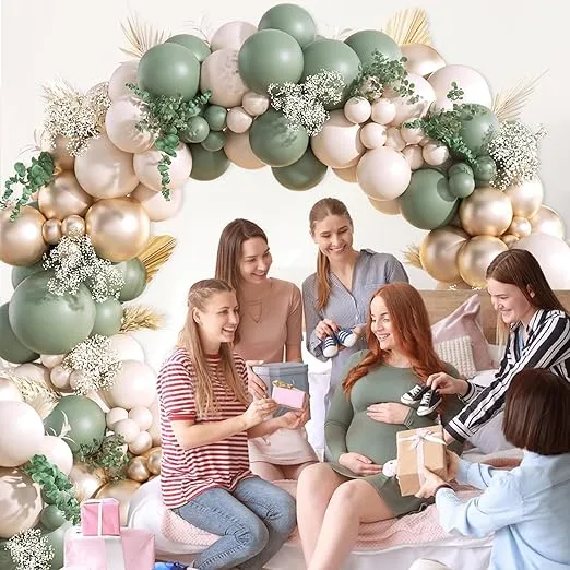 130Pcs Sage Green Gold Balloon Garland Arch Kit with Sage Green Sand White Gold Balloons for Baby Shower Bridal Shower Birthday Engagement Wild One Party Decorations