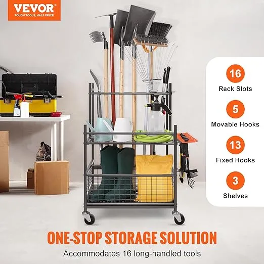 VEVOR Garden Tool Organizer, 16 Slots with Hooks, Yard Tool Tower Rack with Wheels for Garage Organization and Storage, Hold Long-Handled Tool/Rake/Broom, Metal Tool Stand Holder for Shed, Outdoor