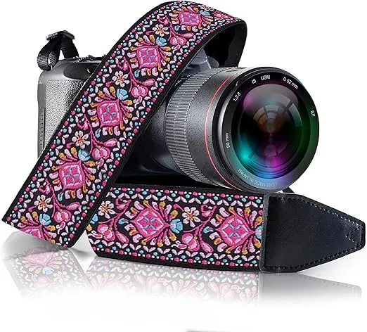 Art Tribute Pink Woven Camera Strap For All DSLR and SLR Camera, Embroidered Elegant Universal Neck & Shoulder Strap, BOHO Pattern. Best Gift for Photographers
