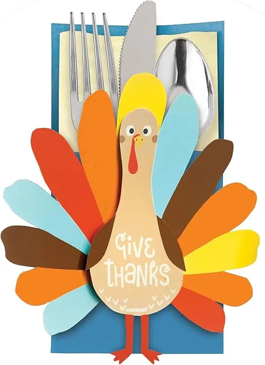 Happy Turkey Day Multicolor Paper Cutlery Holder Multi-Pack - 7.5" x 3.75" (Pack of 12) - Ideal for Thanksgiving Dinner & Festive Table Decor