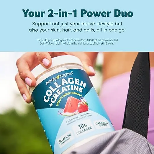 Purely Inspired Collagen and Creatine Powder, Watermelon Strawberry - 10g Collagen & 3g Creatine Builds Lean Muscle - Flavored Drink Mix with Key Electrolytes - Gluten-Free & Zero Sugar