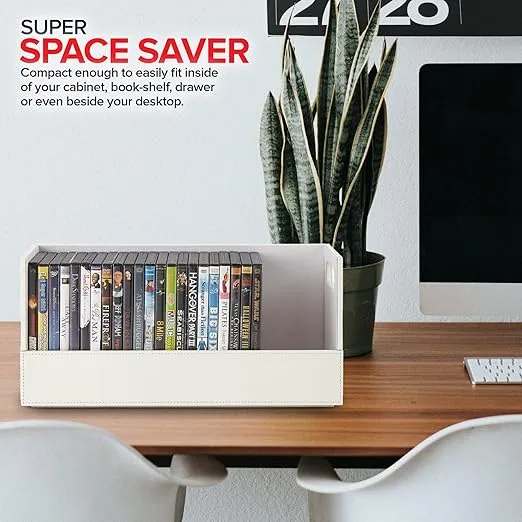 Stock Your Home DVD Storage Box, Movie Shelf Organizer for Blu-Ray, Video Game Cases, CDs, VHS Tape Display Stand, Disc Holder Can Store Up to 28 DVDs, Faux Leather (White)