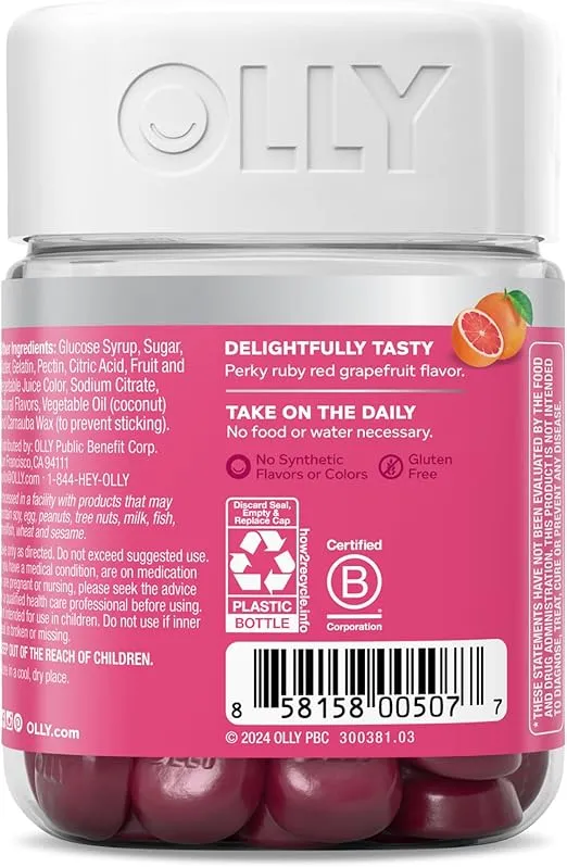 OLLY Undeniable Beauty Gummy, For Hair, Skin, Nails, Biotin, Vitamin C, Keratin, Chewable Supplement, Grapefruit, 30 Day Supply - 60 Count