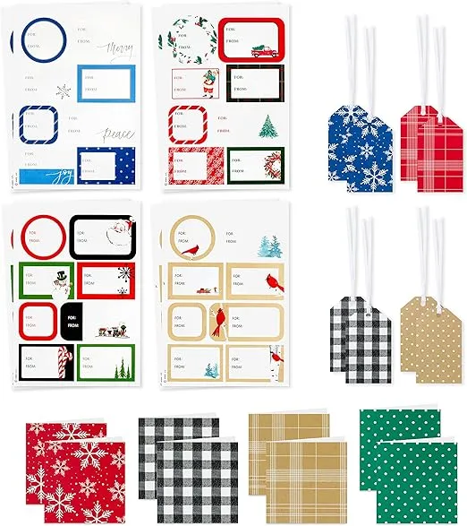 Hallmark Christmas Gift Tags with Ribbon, Sticker Seals, and Mini Notecards (Elegant Plaid, Snowflakes, Cardinals) for Gift Bags and Wrapped Presents