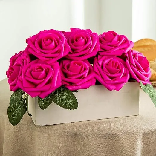 Artificial Flower Foam Hot Pink Rose 50pcs Real Looking Fake Rose with Stems Leaves for Home Decoration Party Garden Centerpieces DIY Wedding Bouquets(Hot Pink)