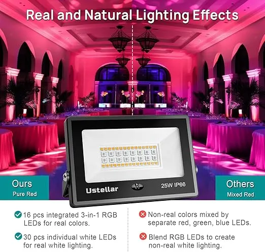 USTELLAR 4 Pack 25W RGB LED Flood Light 250W Equiv. Color Changing Floodlights, Warm White 2700K IP66 Colored Spotlight Stage Party Uplighting Indoor Outdoor Uplights for Event Wedding Halloween Light