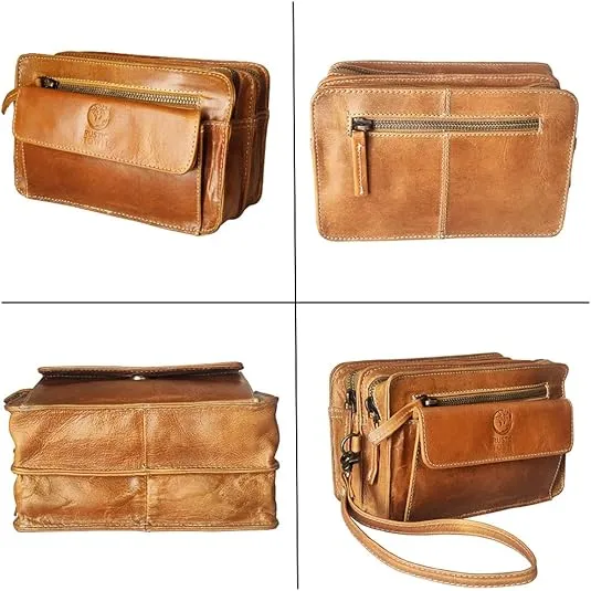 RUSTIC TOWN Leather Mens Clutch Bag - Travel Wrist Bag Murse Long Wallet Phone & Card Organizer Wristlet Handbag Pouch Purse