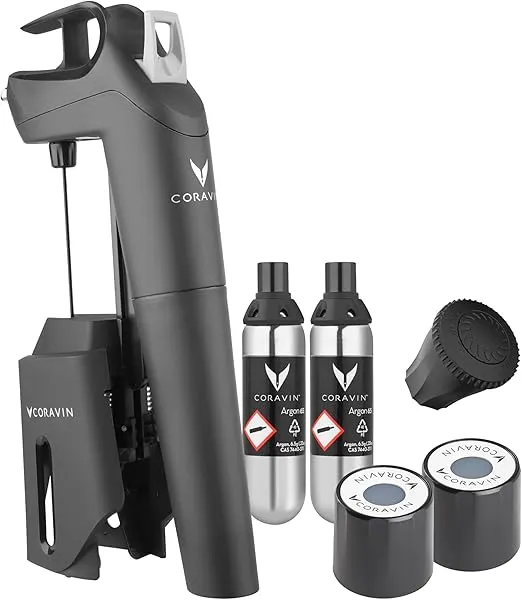 Coravin Timeless Three Plus Wine Preservation System - By-the-Glass Wine Saver - With 2 Pure Argon Gas Capsules & Wine Aerator - Black