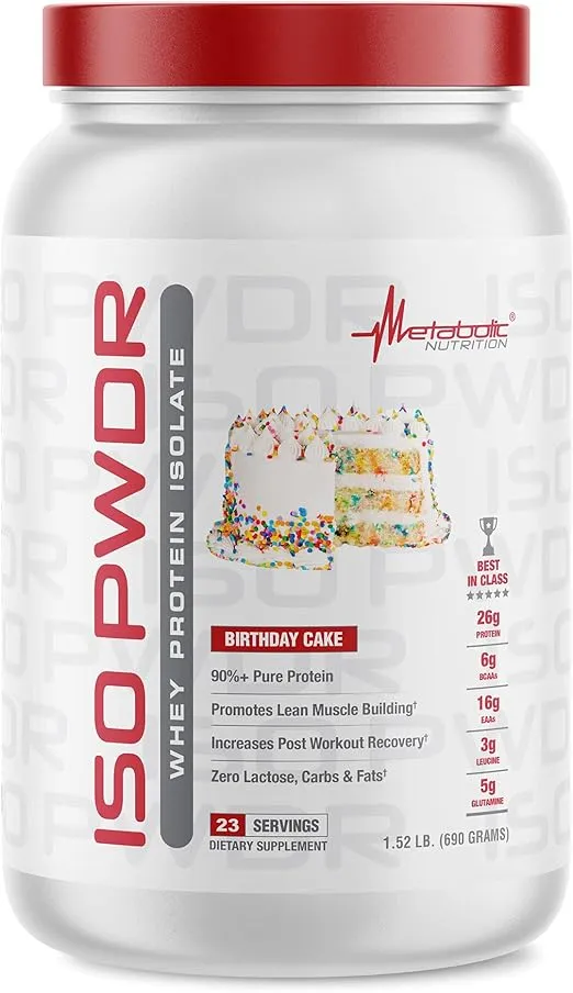 Metabolic Nutrition Whey Protein Isolate ISO PWDR Birthday Cake, 1.54lb, 23 Servings, 26g Protein, Fast Digesting, Zero Carbs, Delicious Flavor, Zero Very Low Carbs & Fat, Zero Lactose