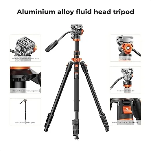 K&F Concept 83 inch/211cm Camera Video Tripod for DSLR Compact Aluminum Tripod with Fluid Head and 5KG Load for Travel and Work K234A7+FH-03