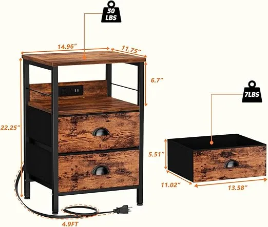 Furologee Nightstand Set of 2, Rustic Brown, with Charging Station and USB Ports, Side Tables with 2 Fabric Drawers, Bedside Tables with Storage Shelf & Hooks, for Living Room/Bedroom