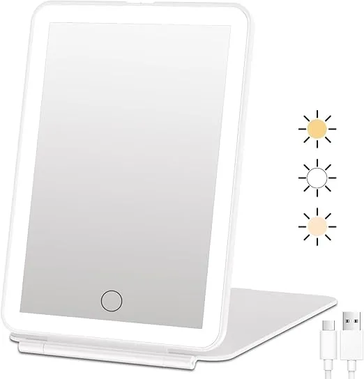 FUNTOUCH Rechargeable Travel Makeup Mirror with 72 Led Lights, Portable Lighted Beauty Mirror, 3 Color Lighting, Dimmable Touch Screen, Tabletop LED Folding Cosmetic Vanity Mirror