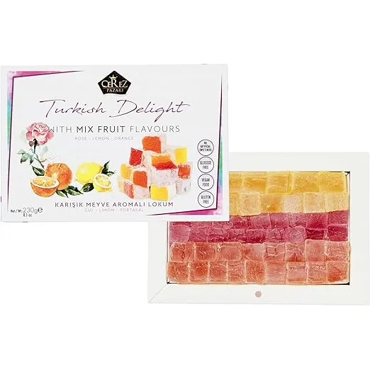 Cerez Pazari Turkish Delight with Rose, Orange and Lemon Mix Flavours 8.1 Oz Gourmet Small Size Snacks Gift Box, No Nuts Sweet Traditional Confectionery Vegan Candy Dessert Lokum Loukoumi Approx.32Pcs
