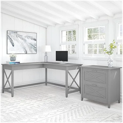 Bush Furniture Key West 60W L Shaped Desk with 2 Drawer Lateral File Cabinet in Cape Cod Gray