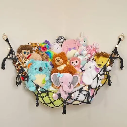 Stuffed Animal Storage Macrame Hammock w/String Lights - Large, 2 Pack - Boho Decor Toy Storage - Corner Hanging Plushie Stuffed Animal Net Organizer (Black)