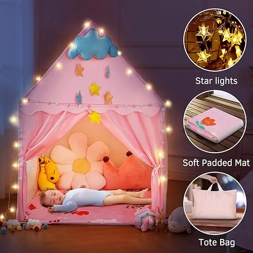 Pink Kids Play Tent with Padded Mat, Indoor/Outdoor Princess Castle Tent for Girls Ages 1-7, Toddler Tents Playhouses Fairy-Themed Toys Tent Ideal Gift for Children – 47x39x51 Inches