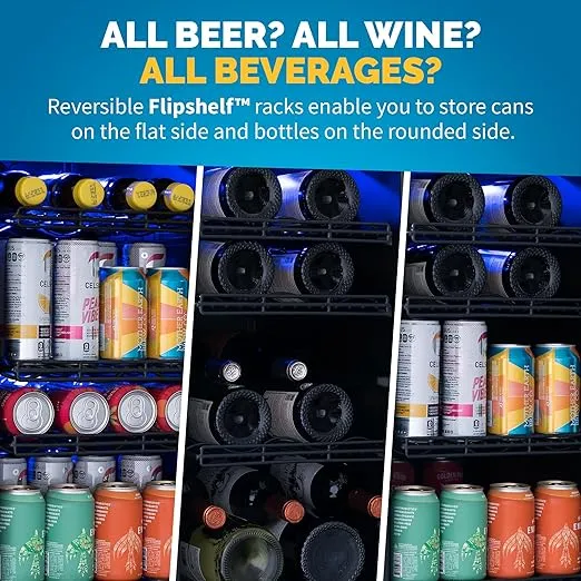 NewAir 15" Glass Door Wine Fridge | 80 Cans or 33 Bottles Wine and Beverage Fridge | Compressor Cooled, Digital Thermostat, Reversible FlipShelf Racks | Black Stainless Steel