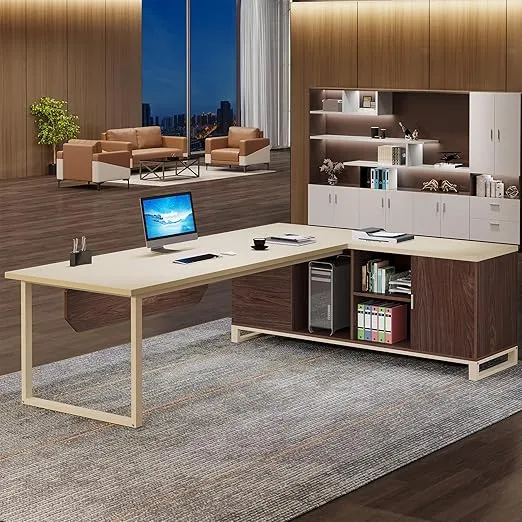 Tribesigns 70.8-Inch Executive Desk with 55-Inch File Cabinet, Large L Shaped Computer Desk with Storage Cabinet and Shelves, Industrial L-Shaped Desk for Home Office, Beige & Walnut