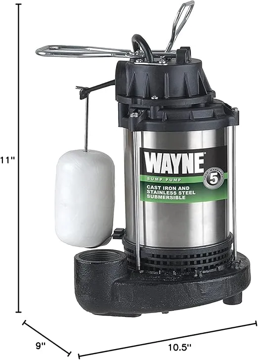 Wayne 58321-WYN3 CDU980E 3/4 HP Submersible Cast Iron and Stainless Steel Sump Pump with Integrated Vertical Float Switch, Large, Silver