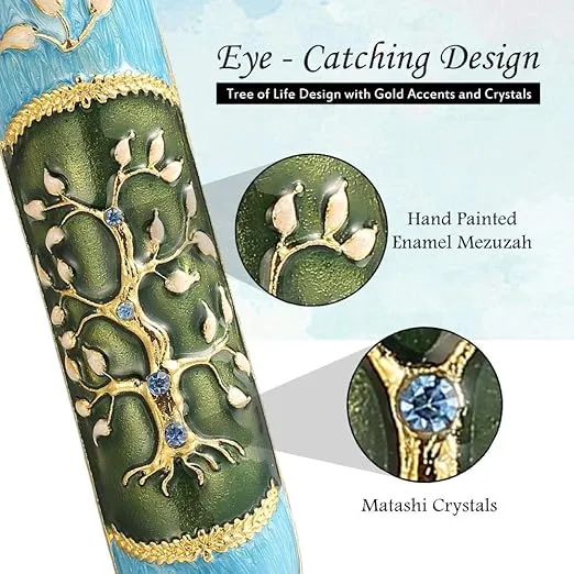 Hand Painted Enamel Mezuzah Embellished with a Tree of Life Design with Gold Accents and Crystals by Matashi, (MTMZ221)
