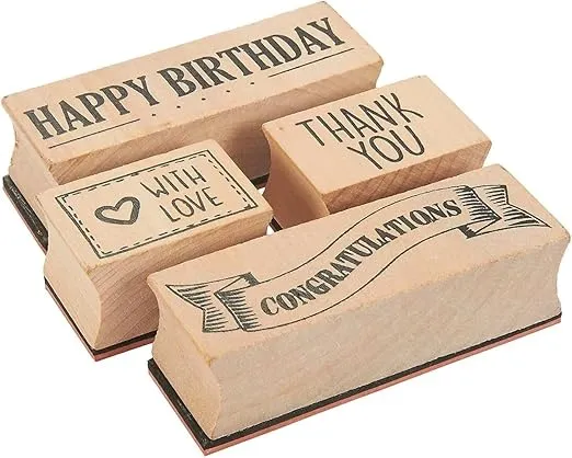 Juvale 4-Piece Card Making Stamps Set - Wood Mounted Rubber Stamps for Card Making, DIY Crafts, Scrapbooking - Happy Birthday, Thank You, Congratulations, with Love