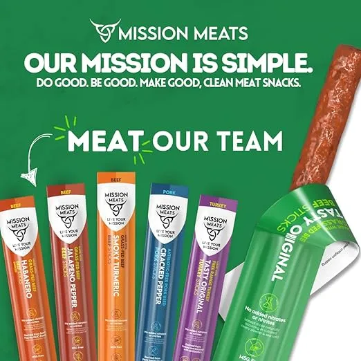 Mission Meats Meat Sticks – Variety Pack (Beef, Pork, Turkey) – Clean Ingredients, Nitrate Nitrite Free, Gluten Free, MSG Free, Paleo Meat Sticks, Made in USA, 1oz (Pack of 12)