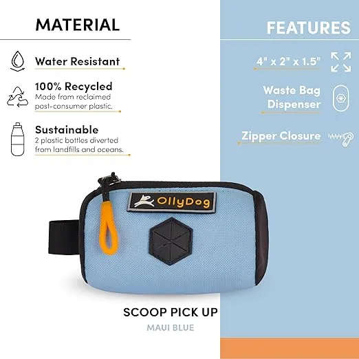 OllyDog Scoop Pick Up, Dog Poop Bag Holder, Dog Poop Bag Dispenser with Leash Attachment, Water Resistant Dog Bag Holder, Fits Standard Roll of Doggie Poop Bags (Maui Blue)