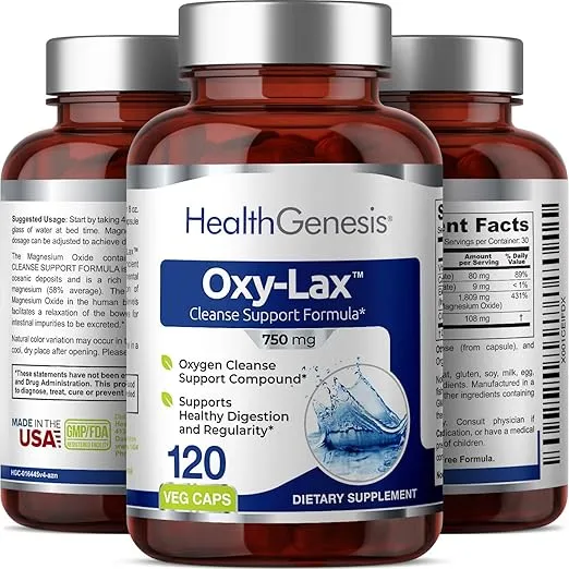 Oxy-Lax 750 mg 120 Vcaps - Natural Magnesium Oxide Oxygen Based Colon Cleanse Gentle Laxative Supports Healthy Digestive Tract Regularity