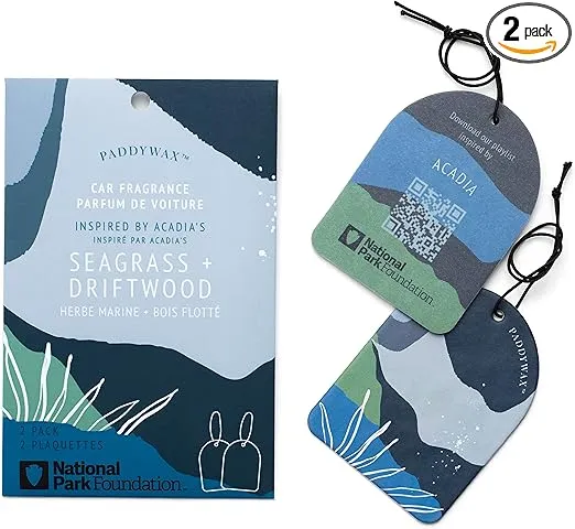 Paddywax National Parks Collection Hanging Car Air Freshener, Car Accessories, 2 Pack, Acadia (Seagrass + Driftwood)