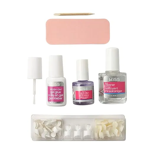 KISS Brush-On Gel Finish Fake Nail Kit French Manicure Set, 48 Short Length Square Shaped French & Natural Glue-On Nail Tips (Pack of 2)