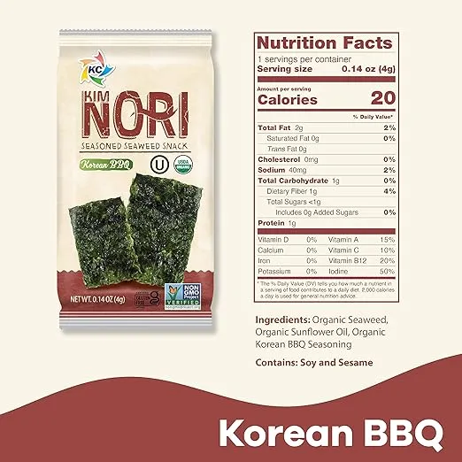 KIMNORI Seasoned Seaweed Snacks Sheets – Organic Korean BBQ Flavor 12 Individual Packs Roasted Crispy Premium 100% Natural Laver Kim Nori 4g 0.14 Ounce 김 のり 海苔 紫菜