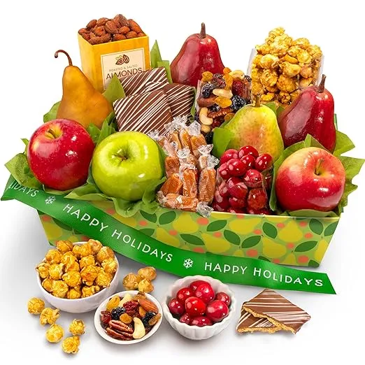 A Gift Inside Happy Holidays Orchard Delight Fruit and Gourmet Gift Basket